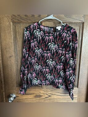 J. Crew Black Floral Long-Sleeve Blouse - Pink & White Blossoms
